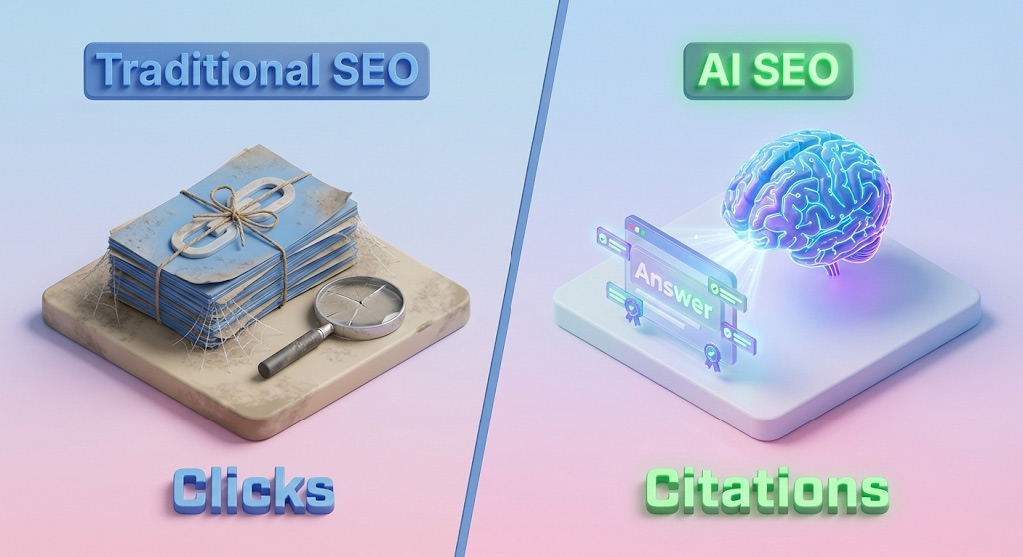 Chart comparing traditional SEO goals like clicks and rankings versus AI search engine optimization goals like citations and share of voice