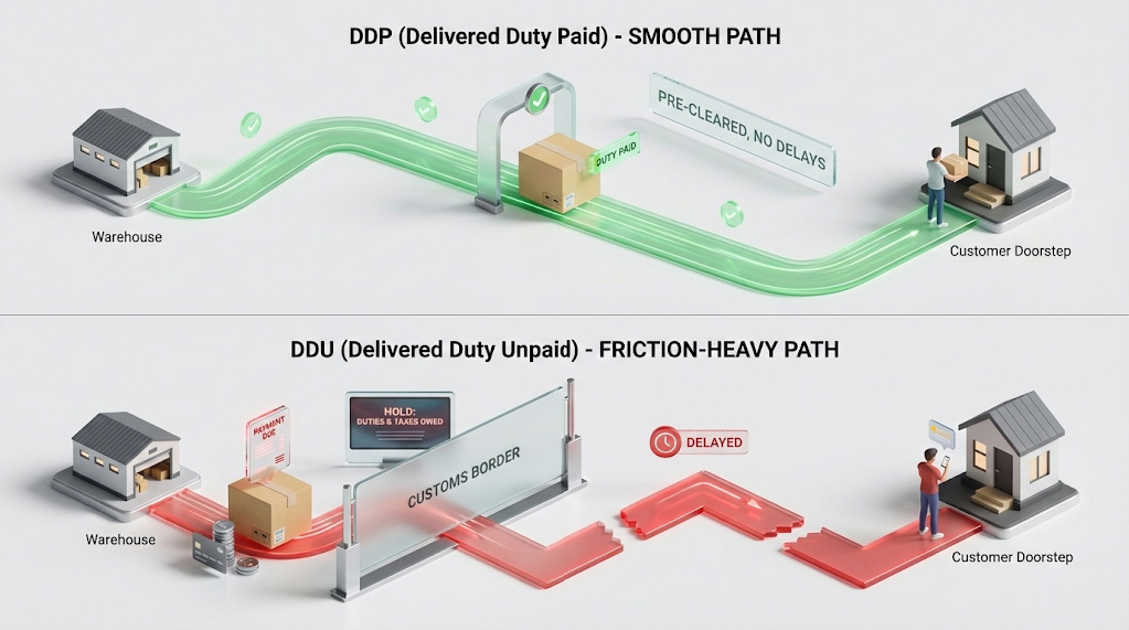Flowchart illustrating the customer experience difference between Delivered Duty Paid and Delivered Duty Unpaid shipping methods.