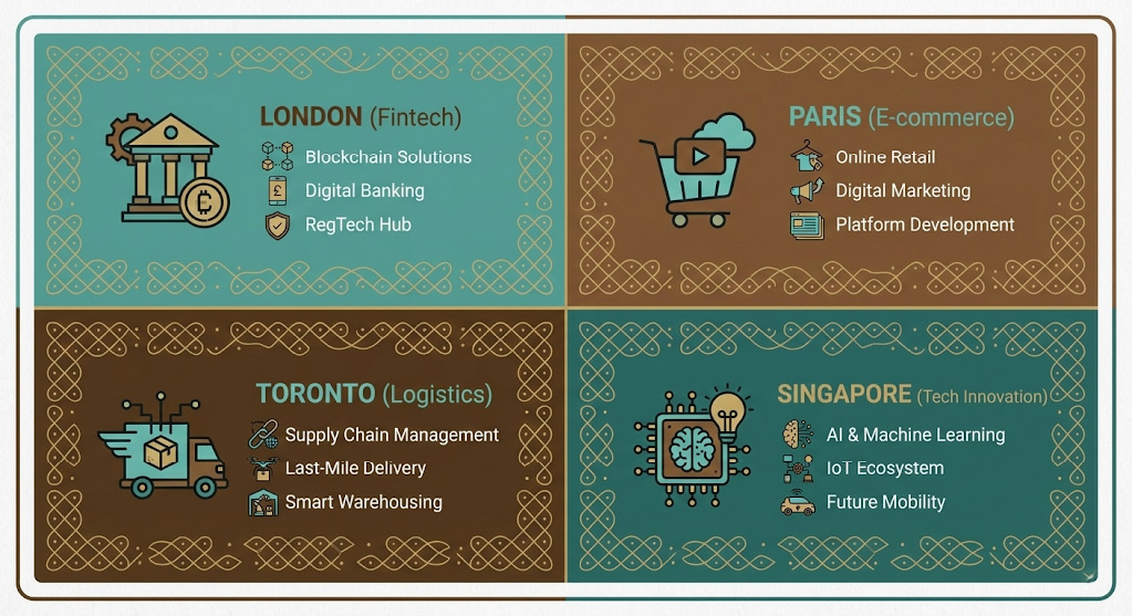 Infographic showing Google Discover local relevance signals for Tamil diaspora businesses in London, Paris, Toronto, and Singapore, using traditional Kolam-inspired geometric patterns