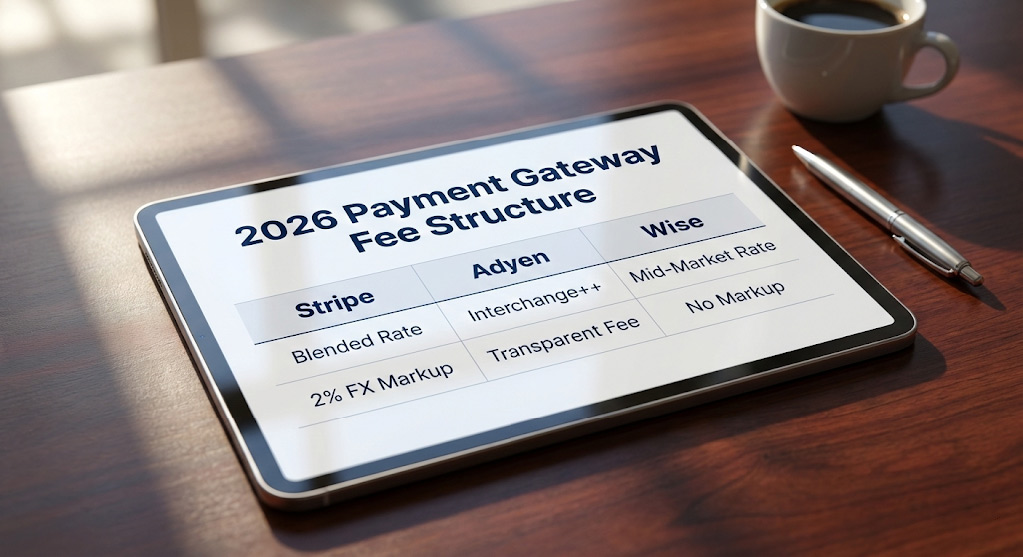 Payment gateway fee comparison table showing Stripe blended rates versus Adyen interchange plus and Wise mid-market exchange rates.
