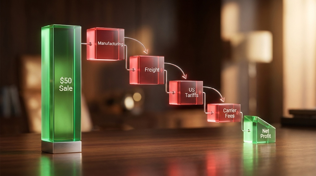 Waterfall chart demonstrating the components of total landed cost reducing the net profit margin on an international ecommerce order.