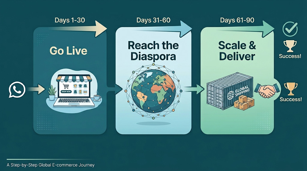 A three-stage horizontal roadmap for Tamil businesses scaling from WhatsApp-based orders to a professional online store to global distribution, with milestone markers at Day 30, Day 60, and Day 90