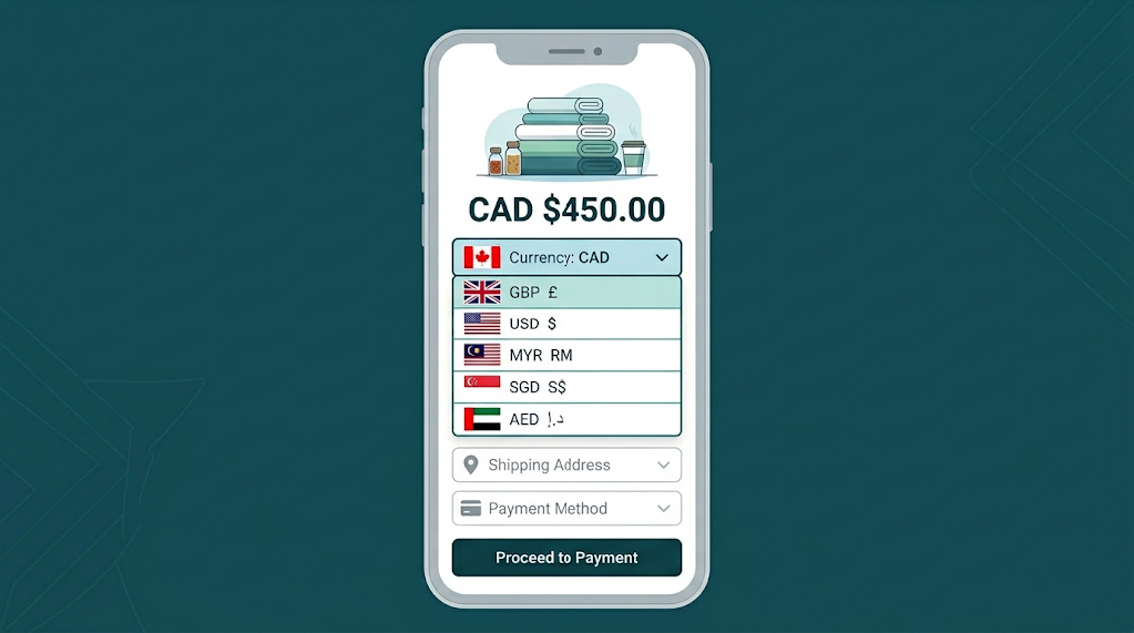 A mobile e-commerce checkout screen showing a currency selector dropdown with options for GBP, CAD, USD, MYR, SGD, and AED, demonstrating how Tamil businesses can serve global diaspora buyers in their local currency