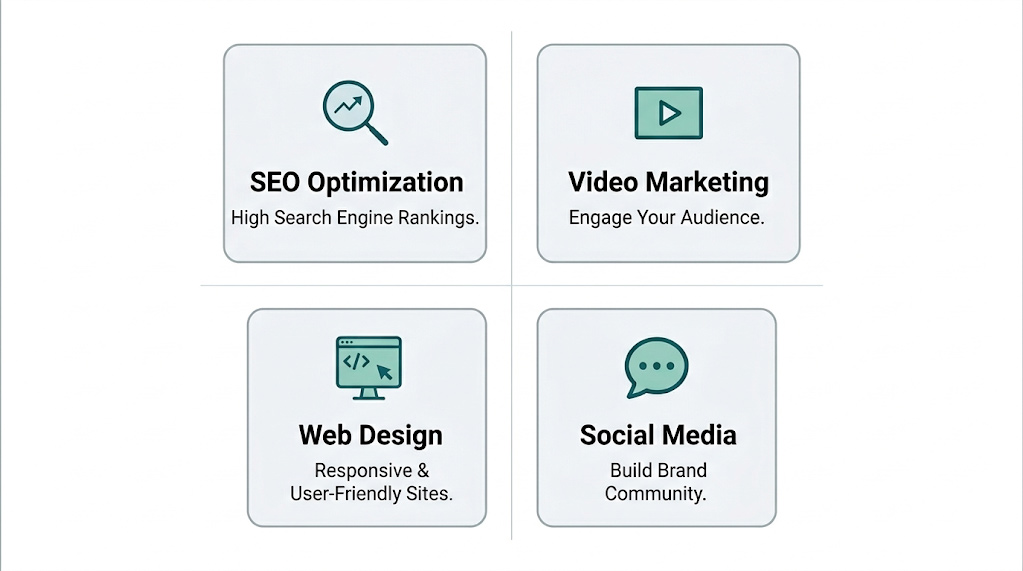 A four-block service card showing SEO and Content, Video Production, Web Management, and Social Media as unified services under one integrated subscription