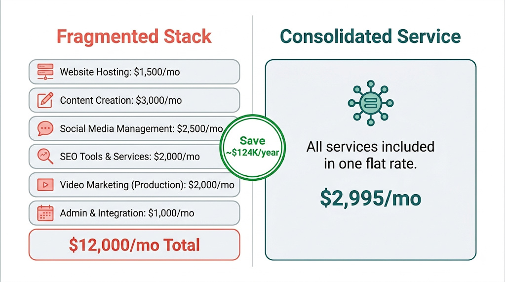 A side-by-side cost comparison graphic contrasting a fragmented six-vendor agency stack costing approximately $12,000 per month