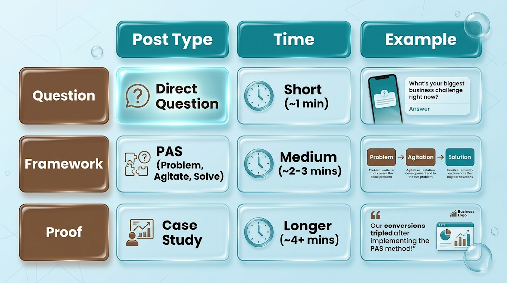 Table comparing LinkedIn post types including Question, Framework, and Proof posts by time investment and impact