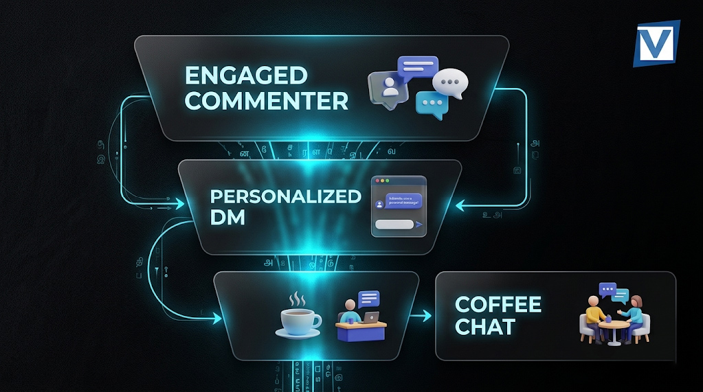 A funnel diagram showing the transition from a LinkedIn post comment to a coffee chat and an authority referral