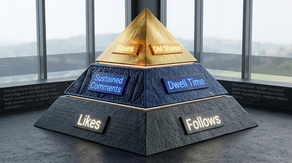 Infographic showing the 2026 social media algorithm engagement hierarchy prioritizing saves and shares over likes