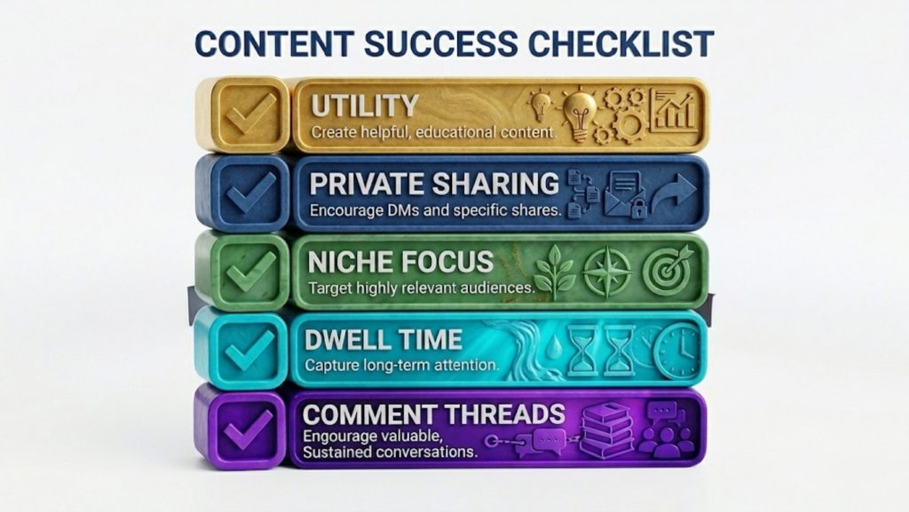 The Operational Framework 5 Steps Checklist: Utility, Private Sharing, Niche focus, Dwell time, and Comment Threads