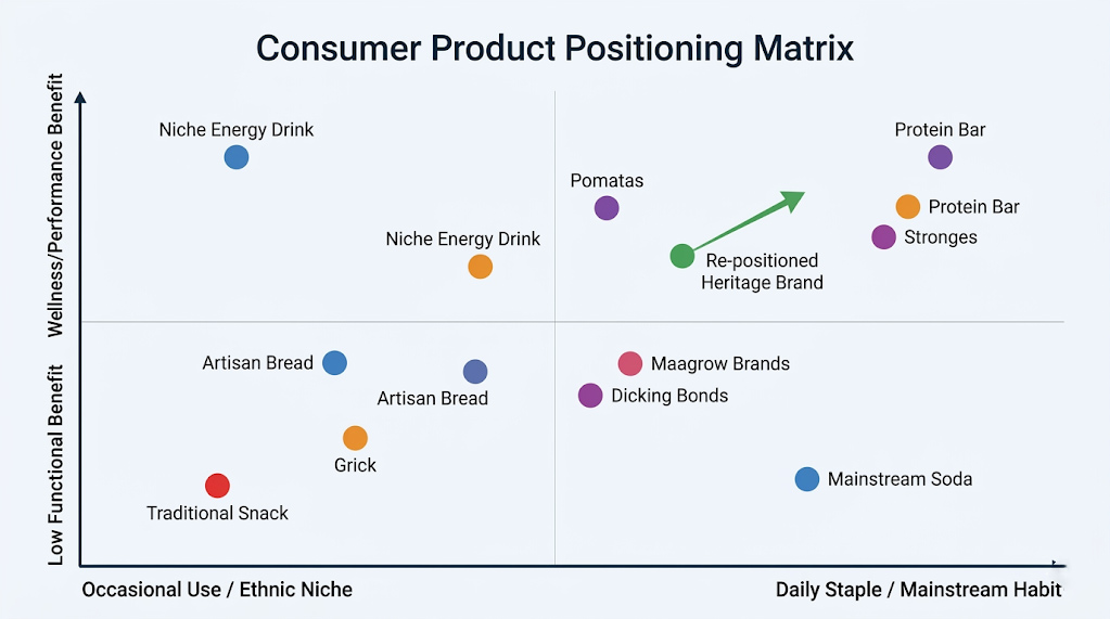 Brand Positioning Map showing the strategic shift from a niche ethnic product to a mainstream daily wellness staple