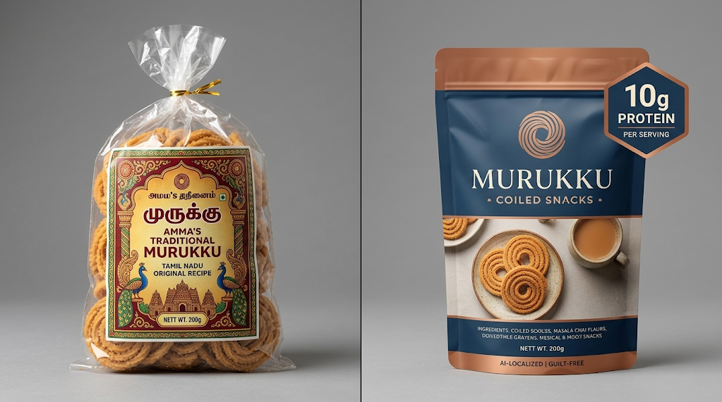 Realistic comparison between traditional unbranded heritage packaging and modern, localized retail-ready packaging
