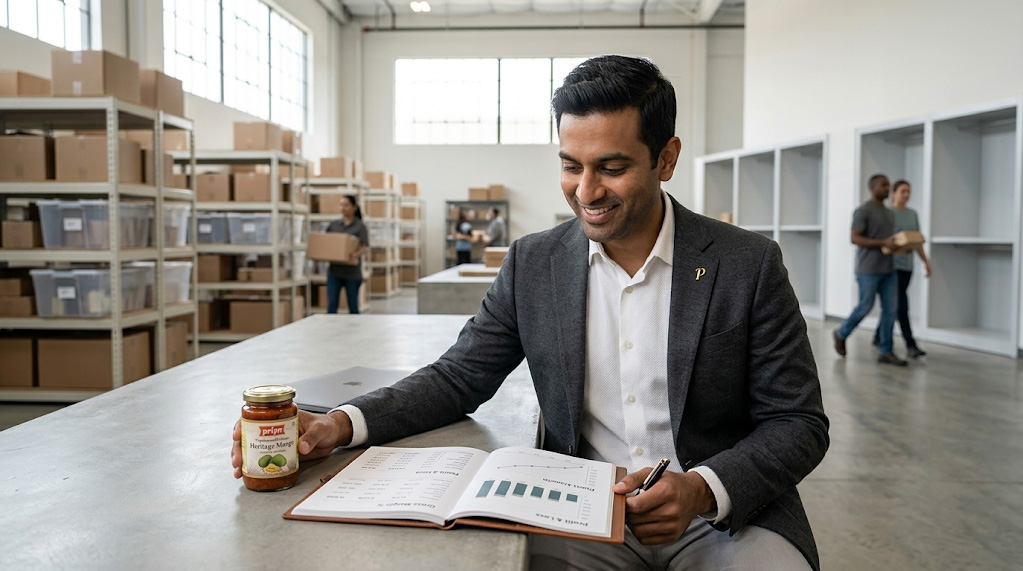 A global Tamil retail founder reviewing customs compliance documents and landed cost sheets at a modern logistics desk workspace