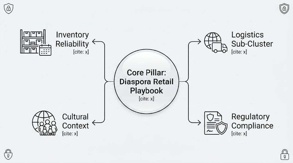 Diagram mapping a high-authority topic cluster with a core diaspora retail pillar article linking out to logistics, compliance, and cultural sub-articles