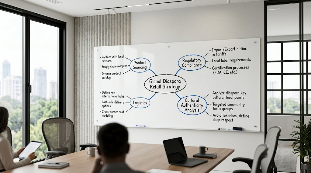 Visual map detailing a strategic corporate topic cluster model for diaspora retail businesses to build domain authority on search platforms