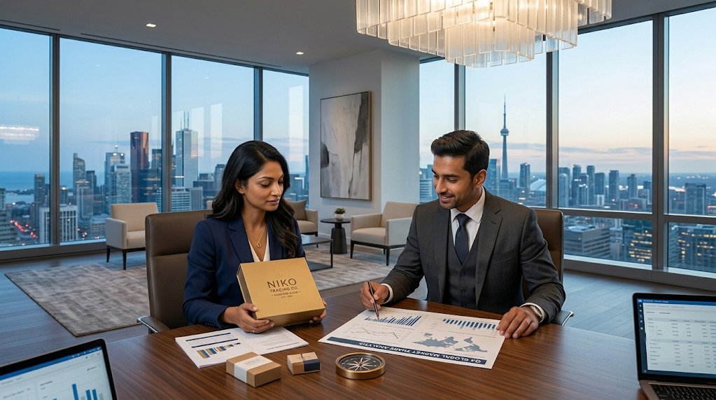 Global Tamil retail export business partners discussing international customs documentation and trade compliance frameworks at a boardroom table